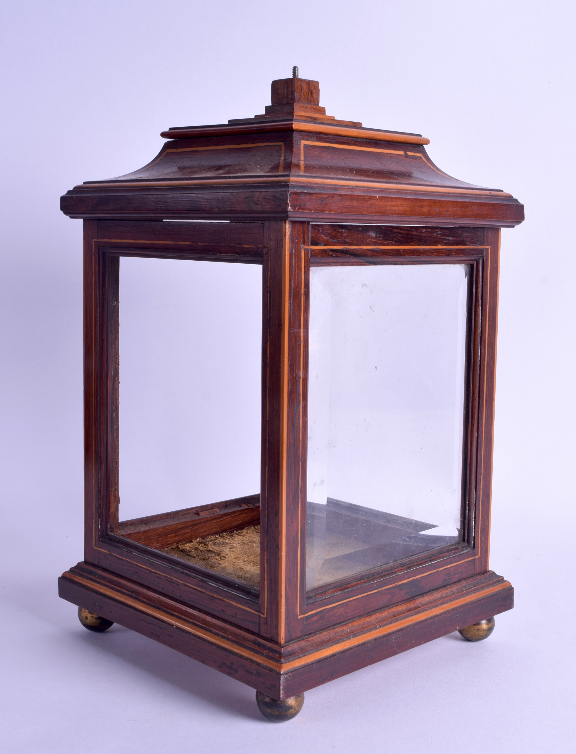 AN UNUSUAL MID VICTORIAN ROSEWOOD AND SATINWOOD DISPLAY CASE upon bun feet. 30 cm x 17 cm.