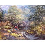 ELEANOR WATT (British), framed oil on canvas,signed, two boys fishing in a stream. 32 cm x 42 cm.