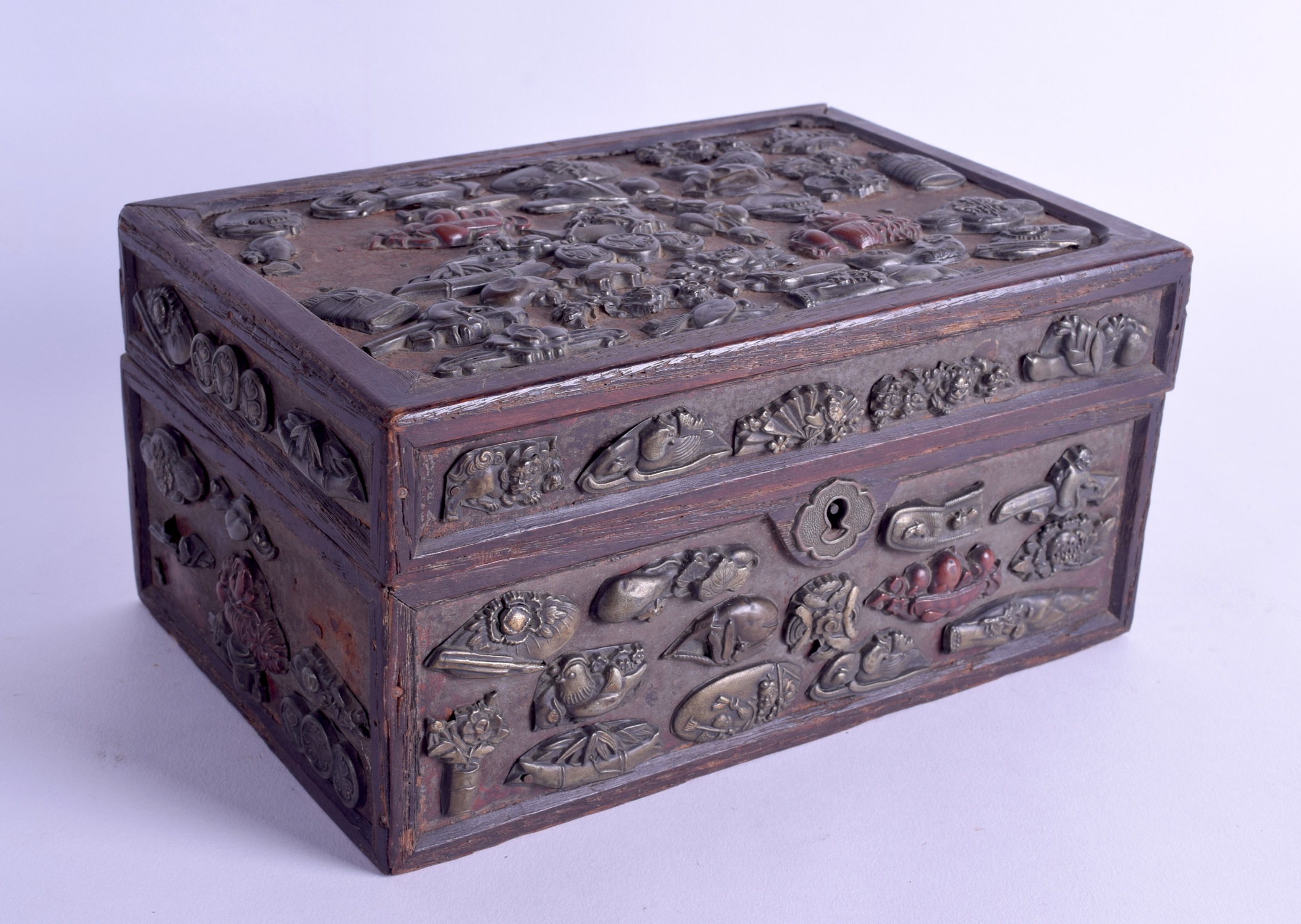 A RARE LATE 19TH CENTURY JAPANESE MEIJI PERIOD CARVED WOOD CASKET unusually overlaid in mixed