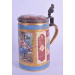 A 19TH CENTURY VIENNA PORCELAIN TANKARD painted with classical figures within landscapes, the lid
