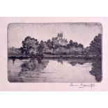 JAMES MACINTYRE (British), framed etching, castle in a landscape . 10 cm x 12 cm.