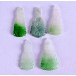 A GROUP OF FIVE CHINESE CARVED JADEITE AMULETS in the form of buddhas. 3.25 cm long. (5)