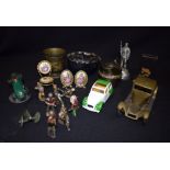 A SMALL QUANTITY OF LEAD SOLDIERS, together with miniature Limoges porcelain arm chair, toy cars