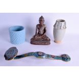 AN UNUSUAL CHINESE CLOISONNE ENAMEL RUI SCEPTRE together with an antique buddha, a funeral jar & a