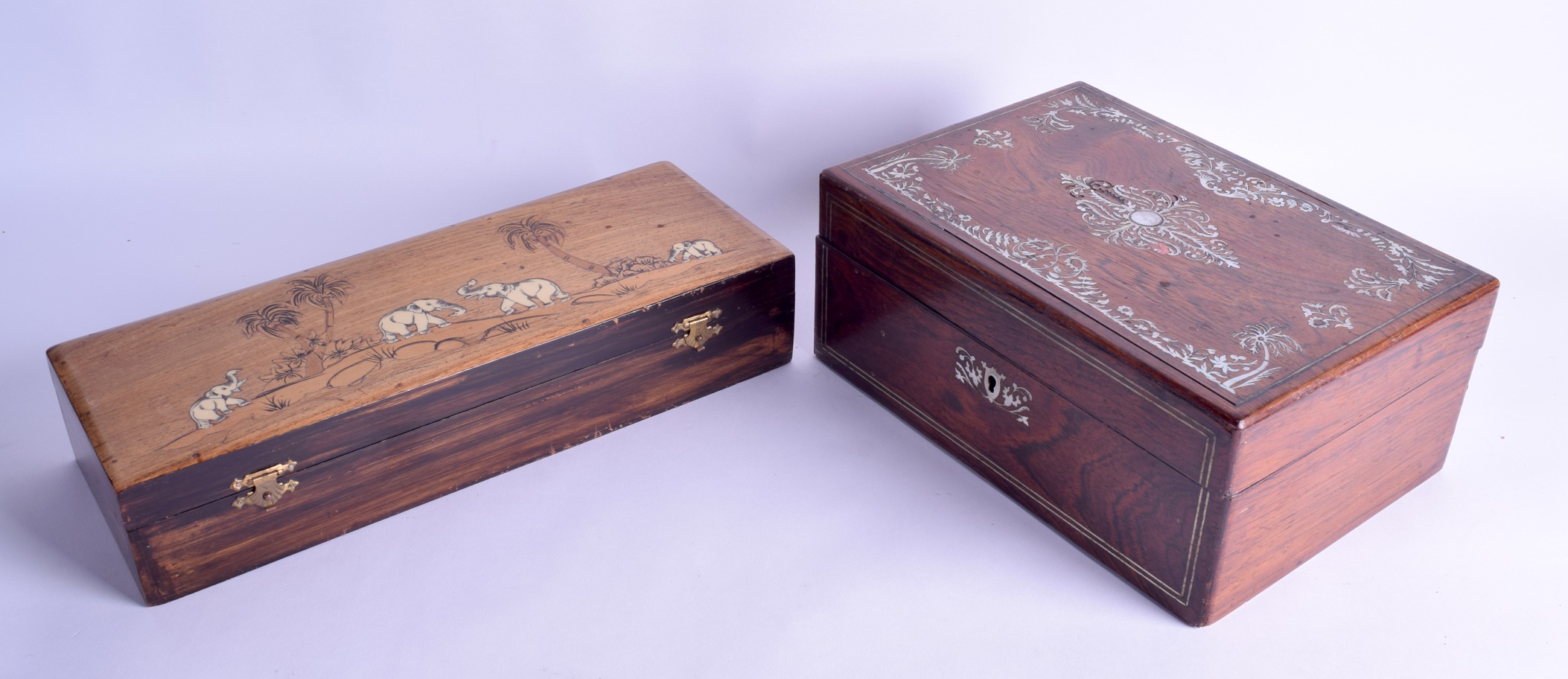 AN EARLY 20TH CENTURY INDIAN IVORY INLAID RECTANGULAR BOX together with a Victorian mother of