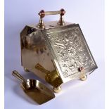 A LATE VICTORIAN BRASS AND COPPER COAL BUCKET with scuttle, decorated in relief with scrolling