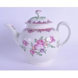 18th c. Worcester good teapot and cover painted in Chinese export style with flowers and a pink