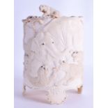 A LARGE 19TH CENTURY JAPANESE MEIJI PERIOD CARVED IVORY TUSK VASE AND COVER decorated with tigers