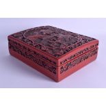 A LARGE CHINESE RED LACQUERED RECTANGULAR BOX AND COVER depicting figures within landscapes. 25 cm x