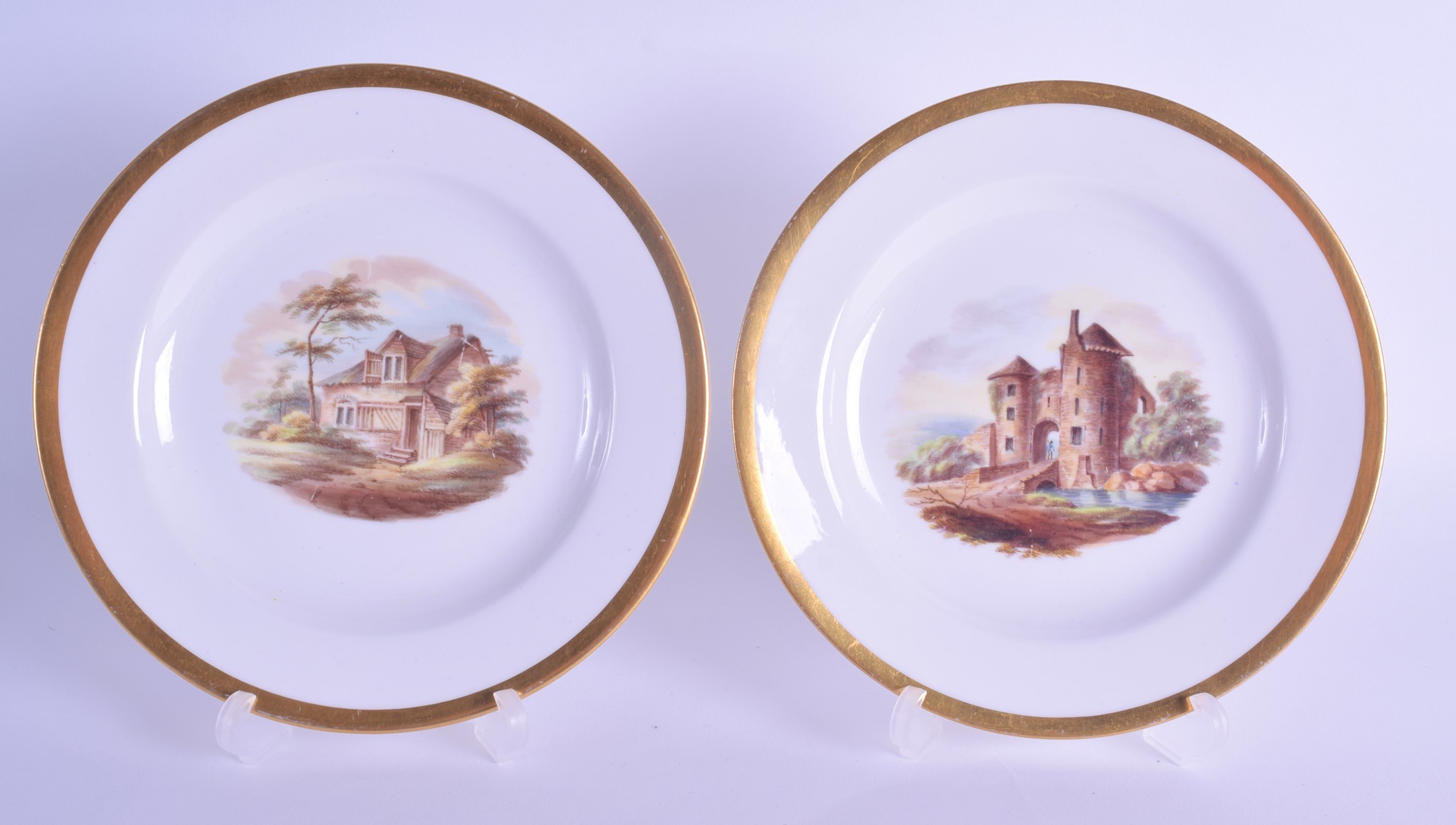 19th c. pair of small plates painted with landscapes entitled Cottage at Child~s Hill, Middlesex and