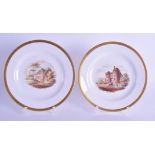 19th c. pair of small plates painted with landscapes entitled Cottage at Child~s Hill, Middlesex and