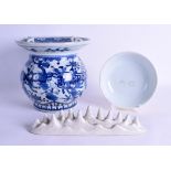 A LARGE CHINESE BLUE AND WHITE BALUSTER VASE with four ring handles, together with a yellow ground