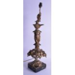 A 19TH CENTURY FRENCH ORMOLU LAMP unusually modelled with standing huntsman & women, overlaid with