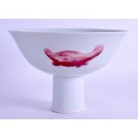 A CHINESE IRON RED GLAZED PORCELAIN STEM FOOT BOWL bearing Xuande marks to base, painted with