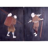 A PAIR OF LATE 19TH CENTURY JAPANESE MEIJI PERIOD IVORY AND LACQUER WOOD PANELS depicting opposing