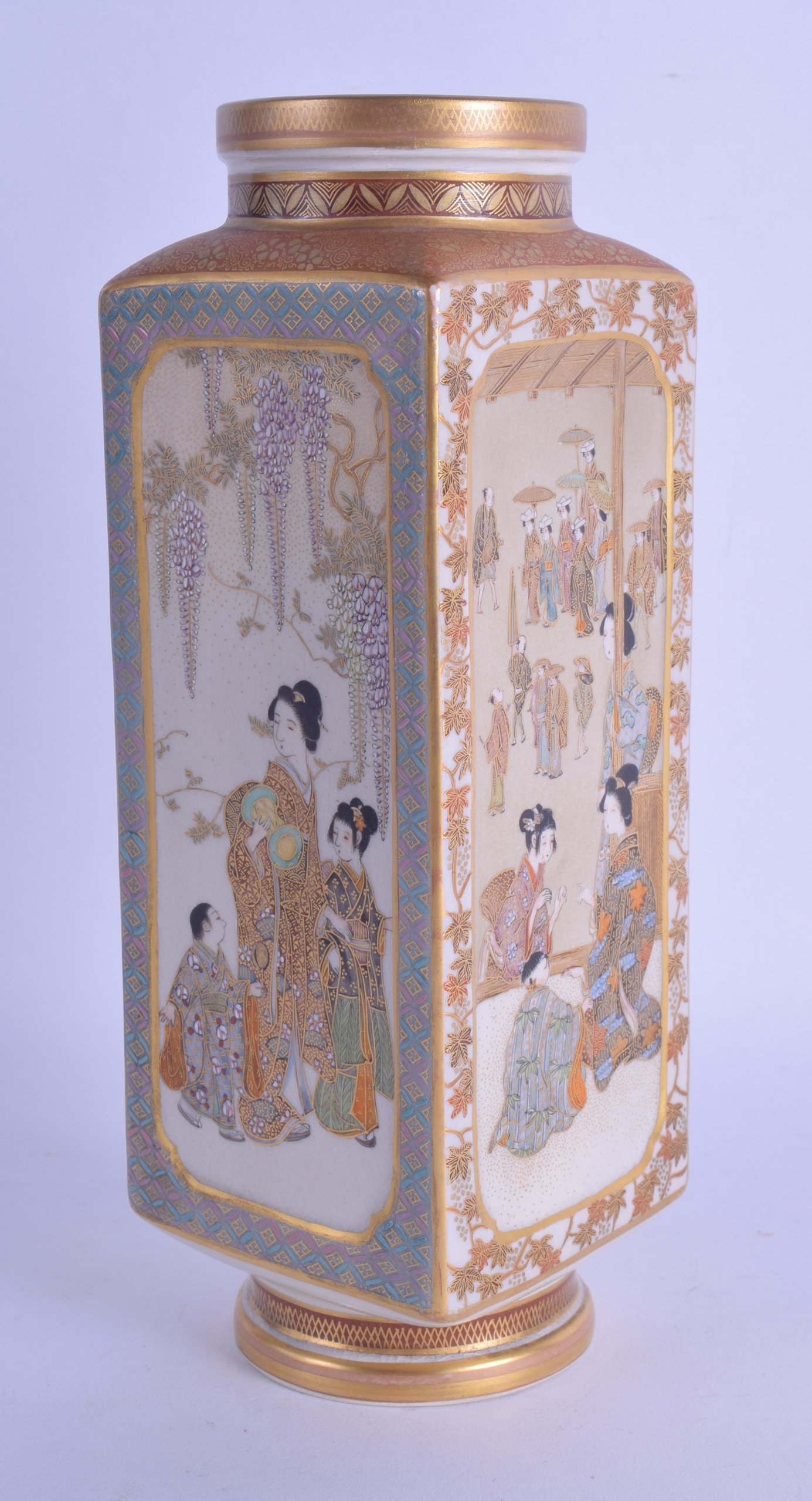 A GOOD 19TH CENTURY JAPANESE MEIJI PERIOD SQUARE FORM VASE by Kinkozan, painted with figures in - Image 2 of 3