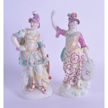 18th c. Derby pair of patch marked figures of Venus and Mars, he standing beside a flag, she holding