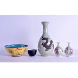 A CHINESE CANTON ENAMEL BOWL together with a teabowl, another dragon vase & a pair of vases. Largest