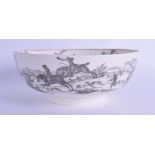 18th c. Worcester rare punch bowl printed by Robert Hancock with a continuous hunting scene. 21cm