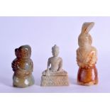 TWO CHINESE CARVED JADE FIGURES together with a carved soapstone buddha. Largest 12.5 cm high. (3)