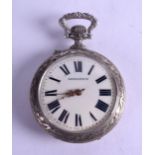 AN UNUSUAL LARGE FRENCH WHITE METAL POCKET WATCH the reverse decorated with figures playing rugby