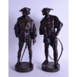 Emile Picault (19th Century) A Pair of French bronze figures of males, modelled upon circular bases.