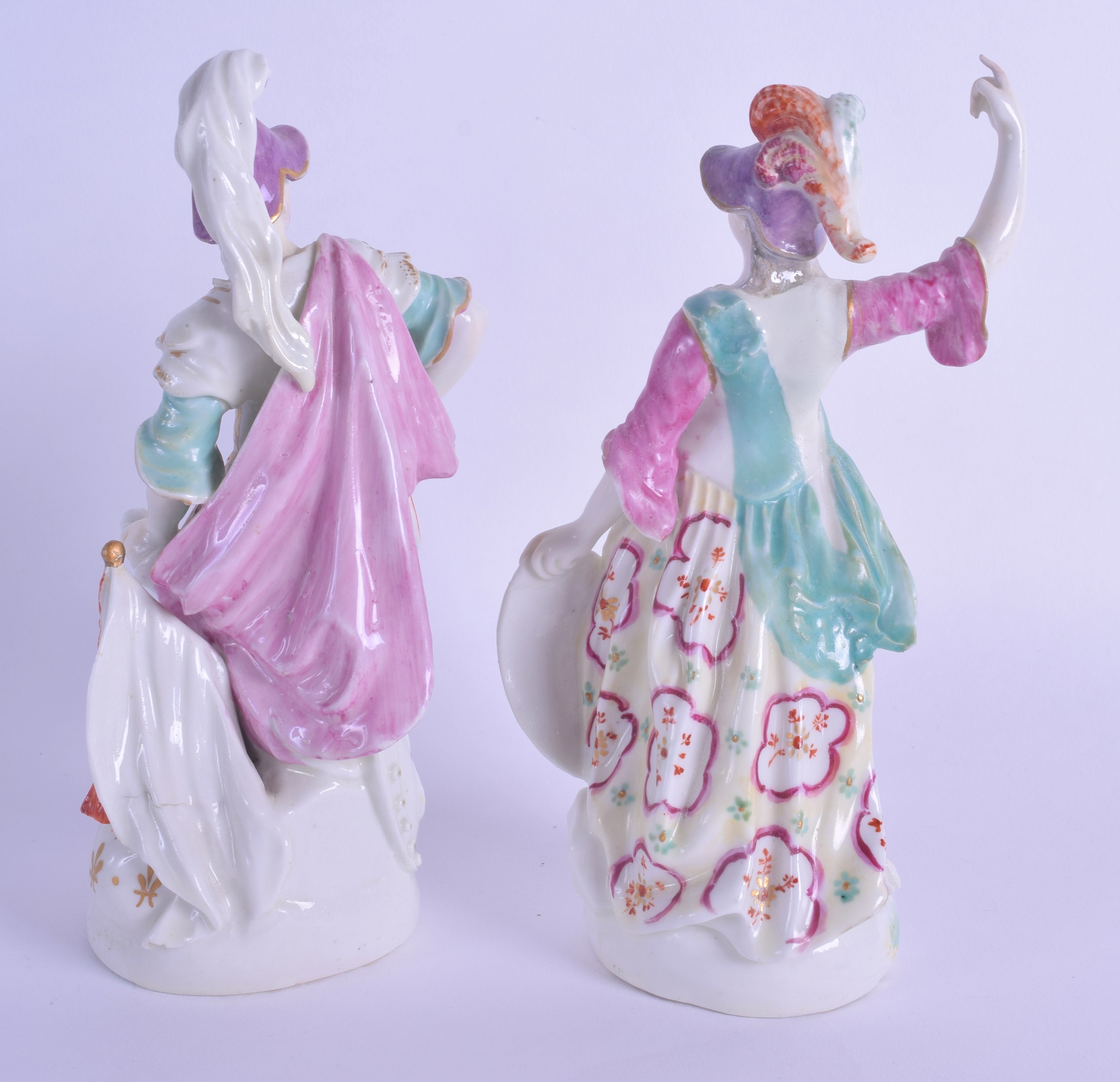 18th c. Derby pair of patch marked figures of Venus and Mars, he standing beside a flag, she holding - Image 2 of 3