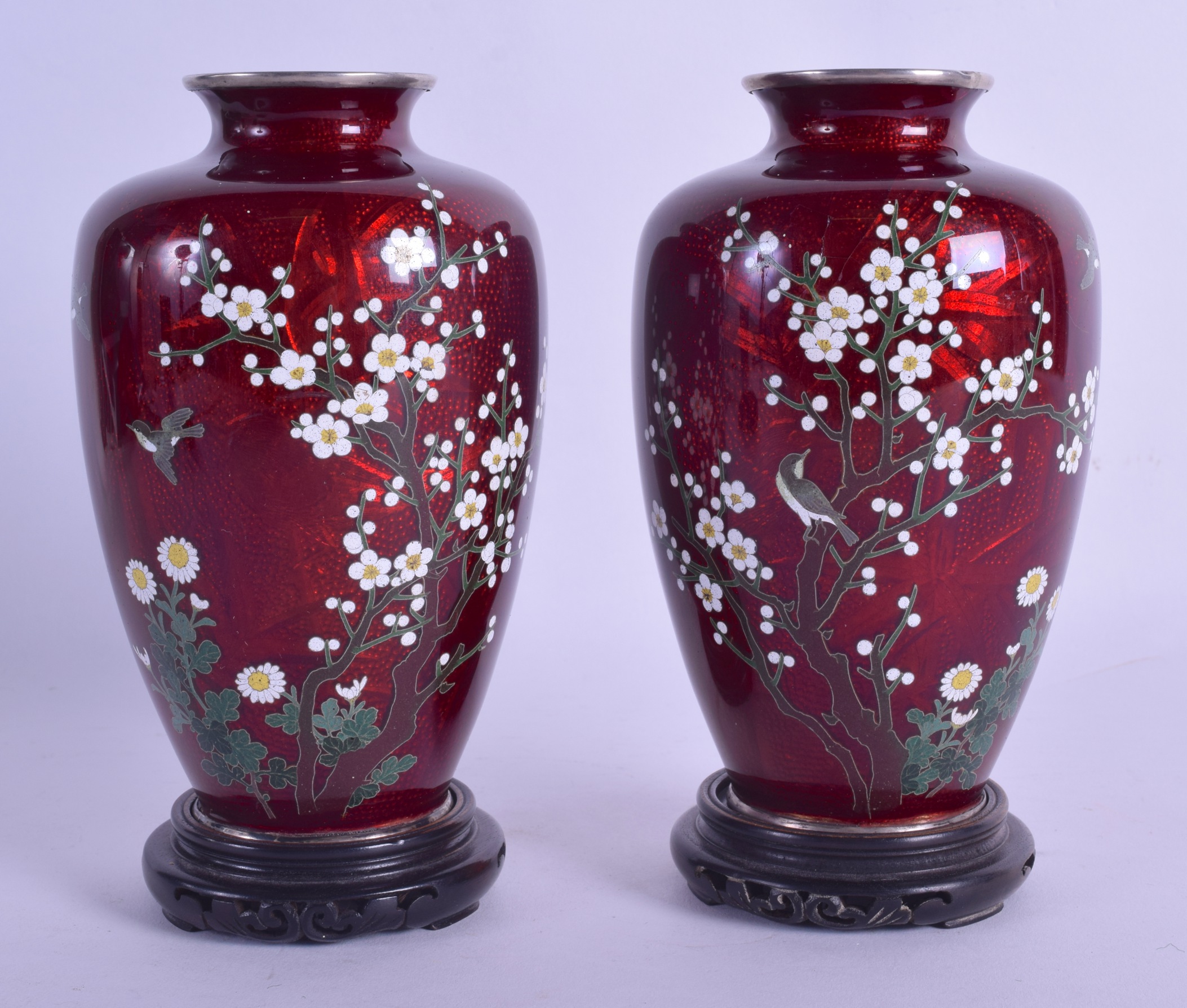 A LOVELY PAIR OF LATE 19TH CENTURY JAPANESE MEIJI PERIOD CLOISONNE ENAMEL VASES with silver