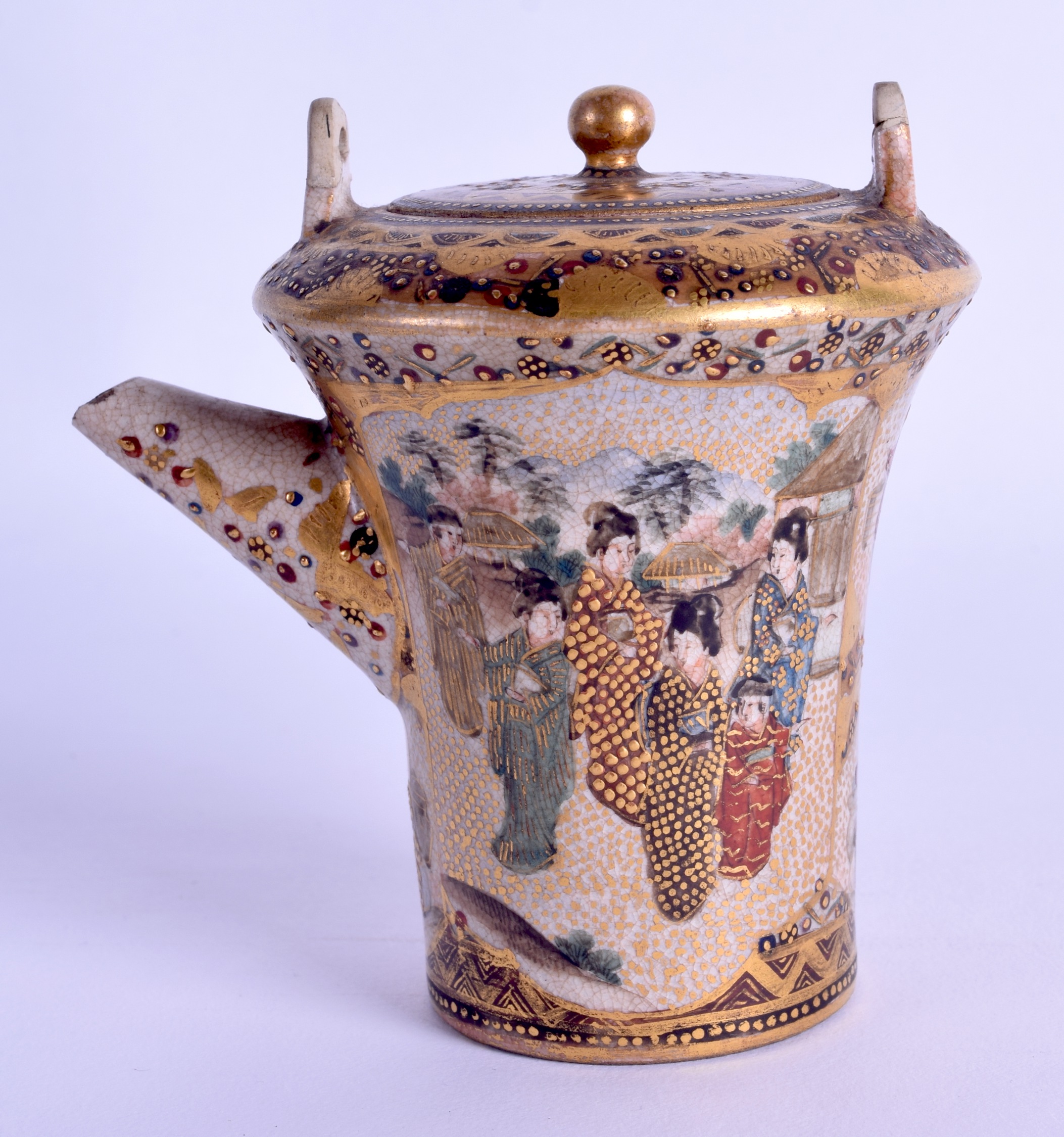 A LATE 19TH CENTURY JAPANESE MEIJI PERIOD SATSUMA KETTLE AND COVER painted with geisha within