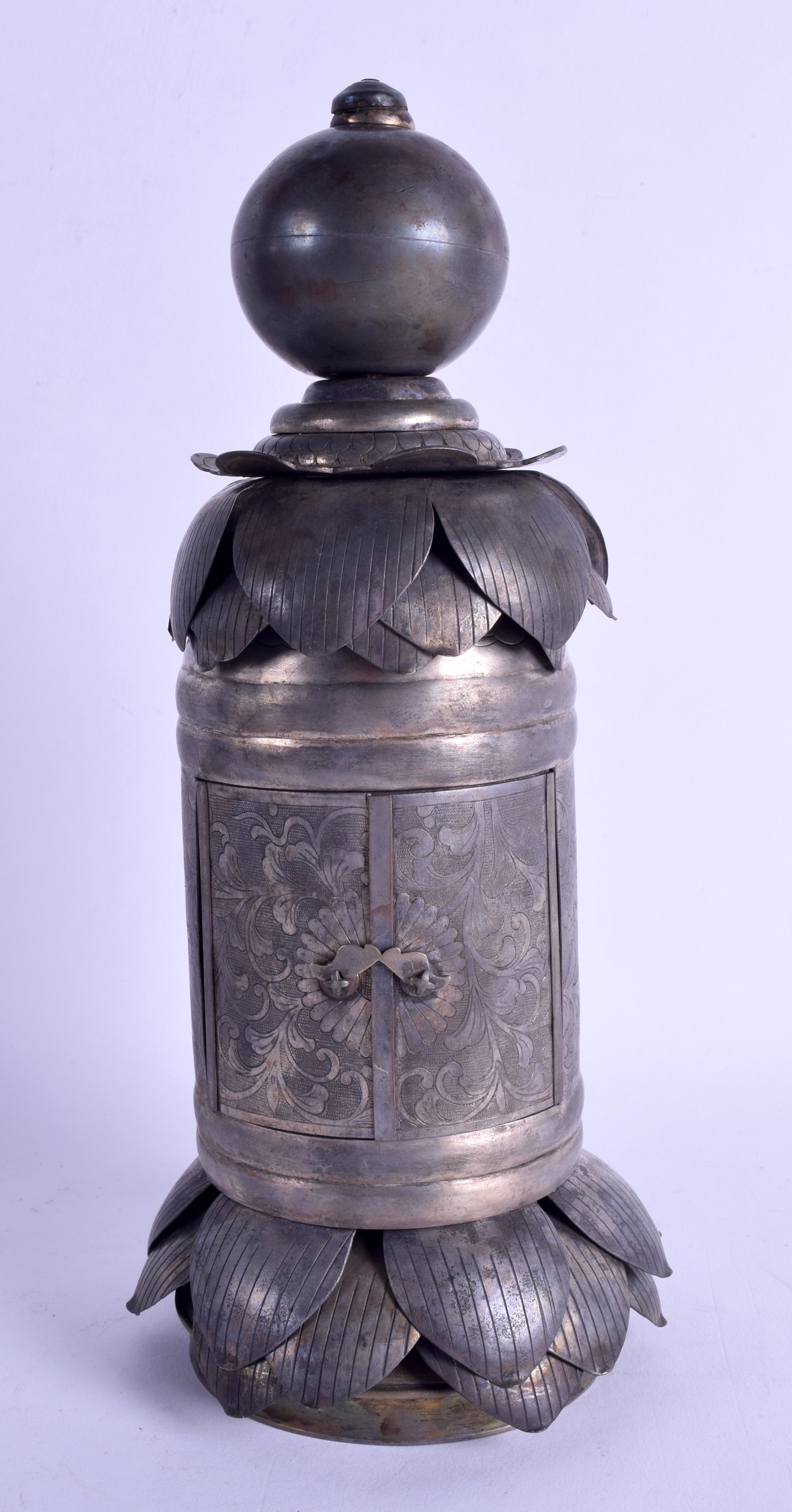 AN UNUSUAL 19TH CENTURY JAPANESE MEIJI PERIOD WHITE METAL BUDDHISTIC SHRINE engraved with flowers