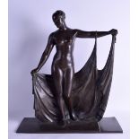 A FINE LARGE ART DECO BRONZE FIGURE OF A NUDE FEMALE by Raymond Leon Rivoire, modelled holding her