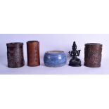 A CHINESE BRONZE BRUSH POT together with two carved wooden brush pots, a Tibetan black painted