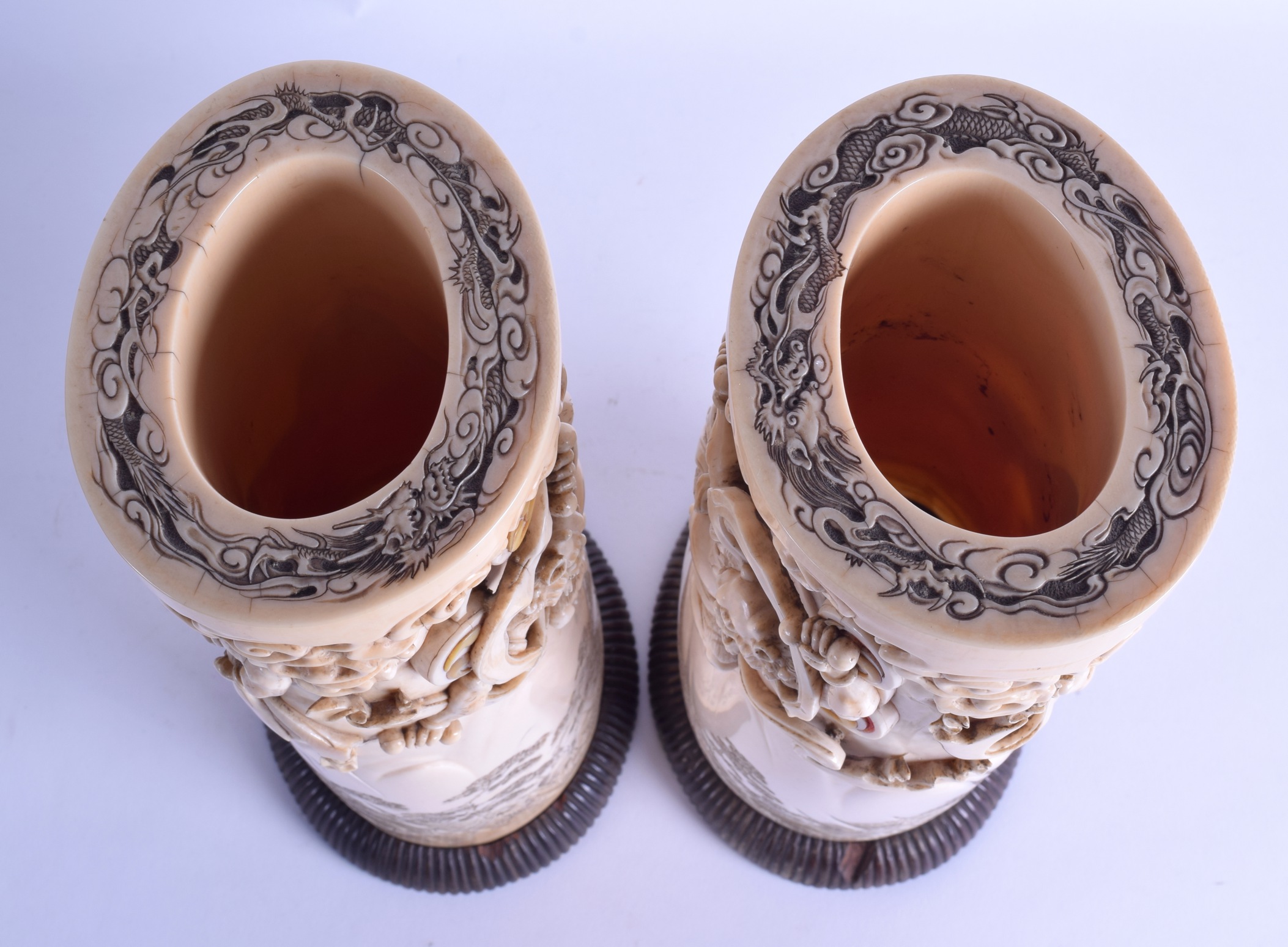 A FINE LARGE PAIR OF 19TH CENTURY JAPANESE MEIJI PERIOD CARVED IVORY TUSK VASES decorated in - Image 4 of 4