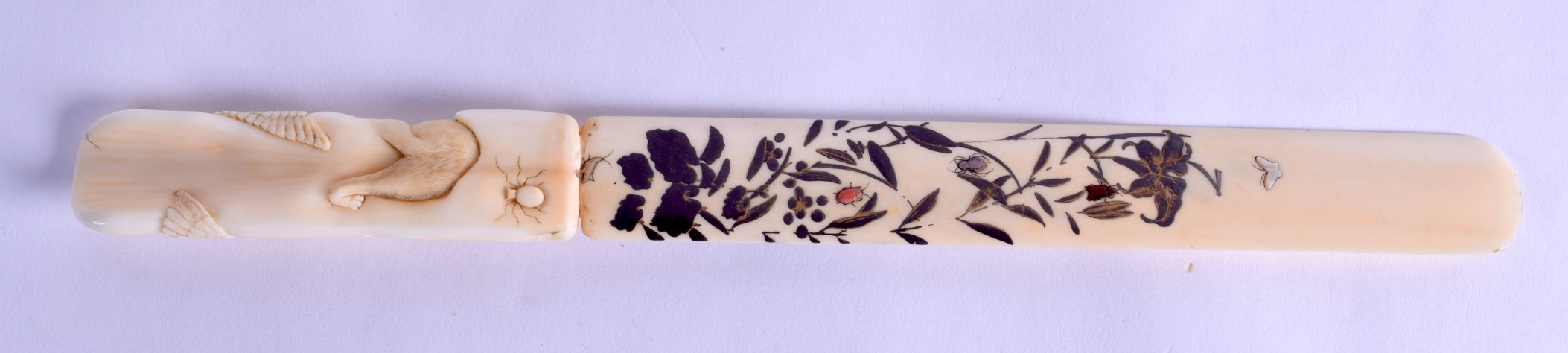 A 19TH CENTURY JAPANESE MEIJI PERIOD CARVED IVORY SHIBAYAMA INLAID PAPER KNIFE with amusing ivory - Image 2 of 2