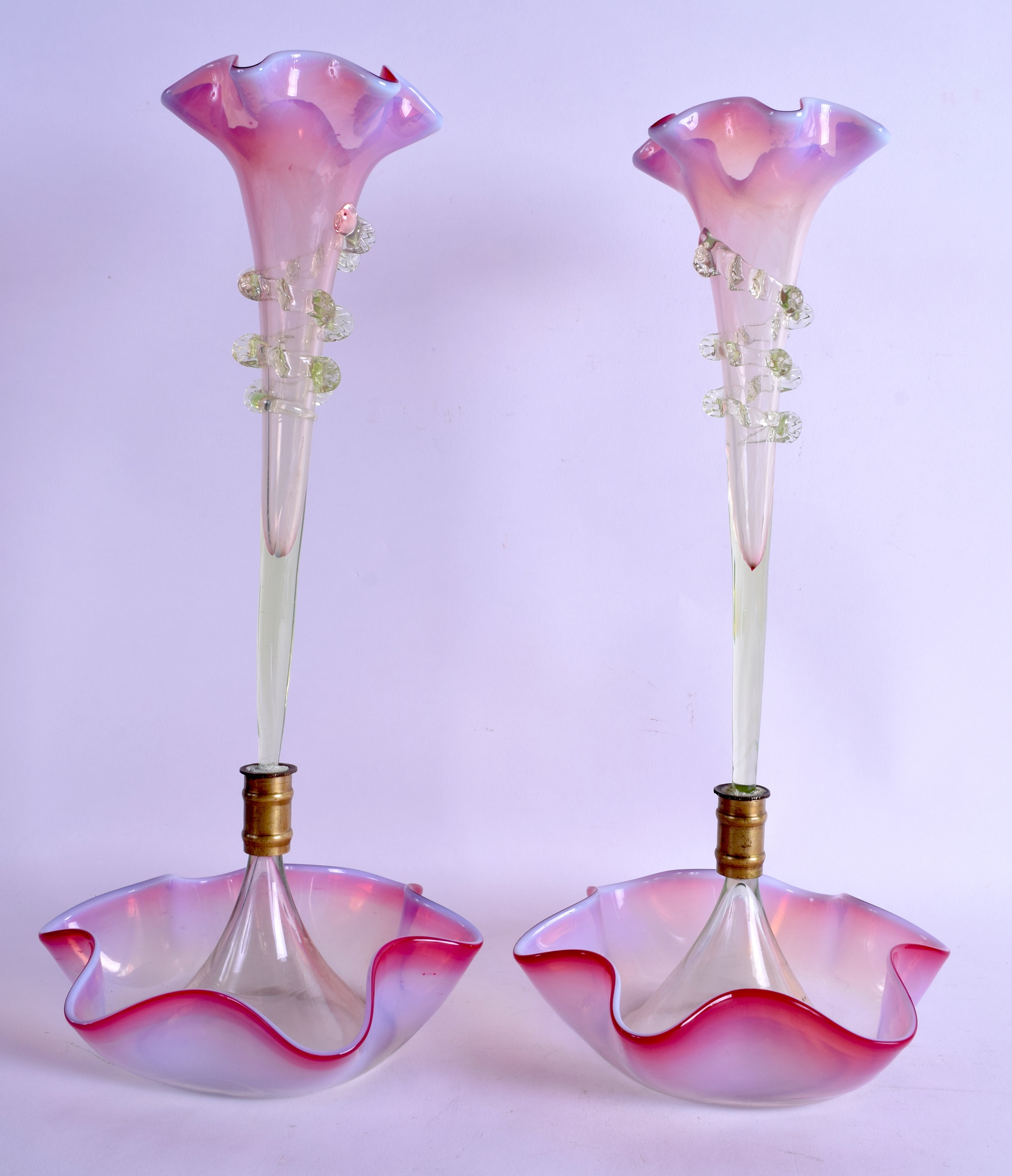A PAIR OF VICTORIAN OPALINE GLASS VASES. 36 cm high.