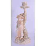 Late 19th c. Royal Worcester figural candlestick of a girl painted in blush ivory and green, incised