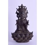 A 16TH/17TH CENTURY CHINESE BRONZE FIGURE OF A BUDDHA modelled seated upon a lotus column. 22 cm