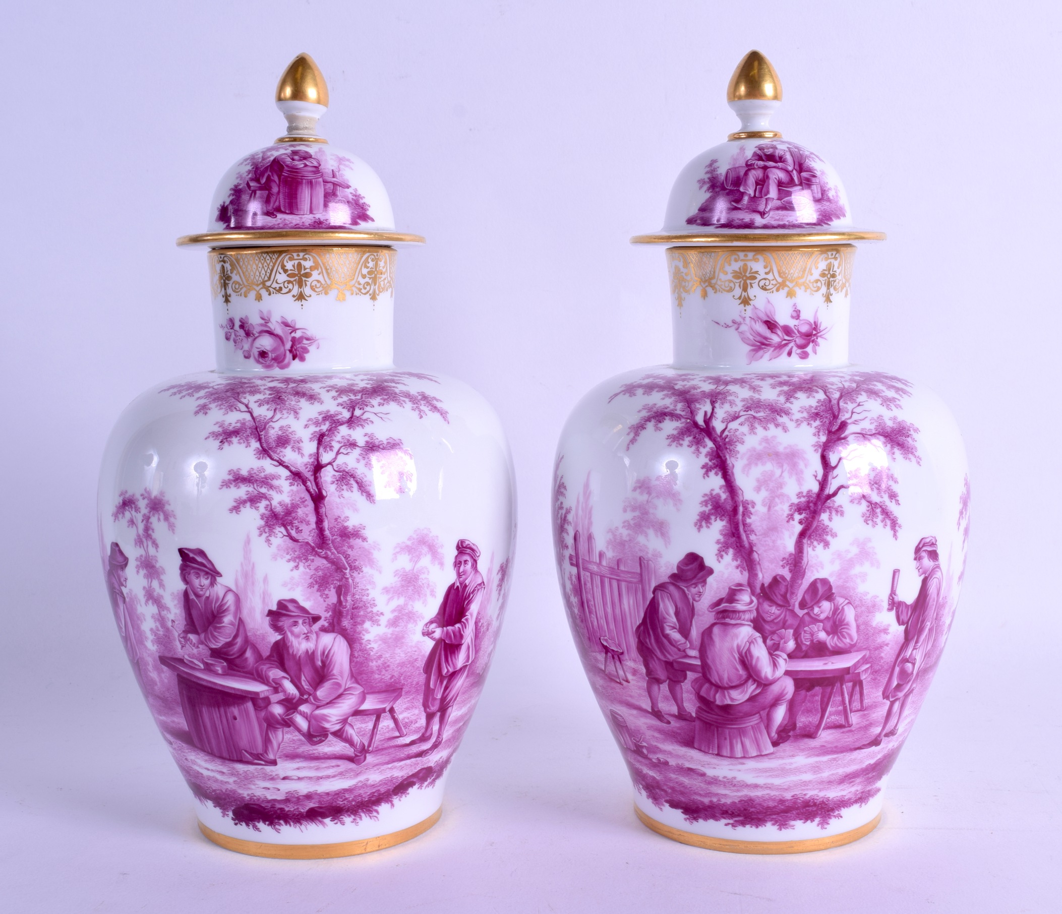 A FINE PAIR OF 19TH CENTURY MEISSEN PORCELAIN VASES AND COVERS decorated in puce with figures within