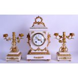 A 19TH CENTURY FRENCH WHITE MARBLE AND ORMOLU CLOCK GARNITURE with white enamel dial and floral