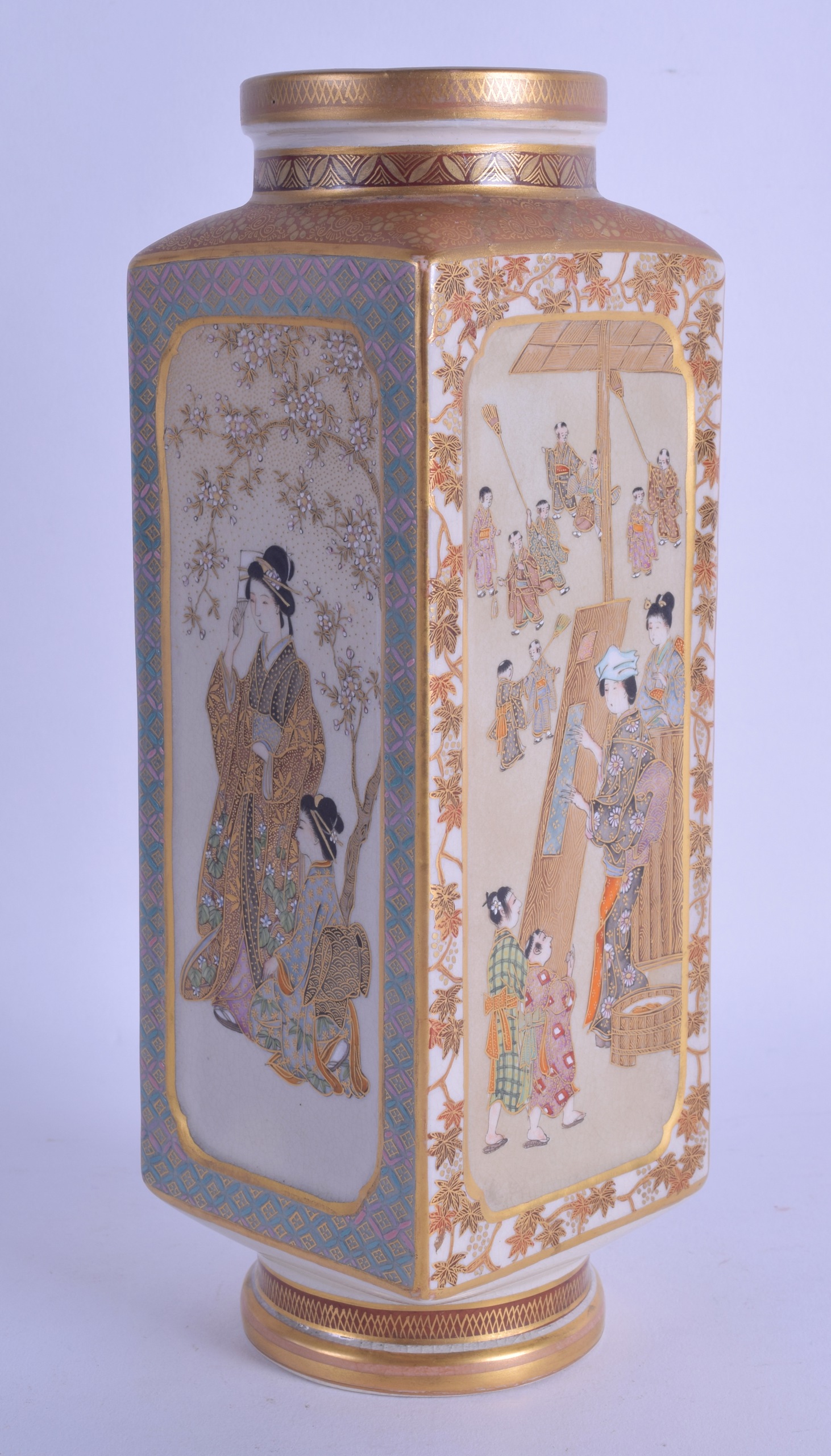 A GOOD 19TH CENTURY JAPANESE MEIJI PERIOD SQUARE FORM VASE by Kinkozan, painted with figures in