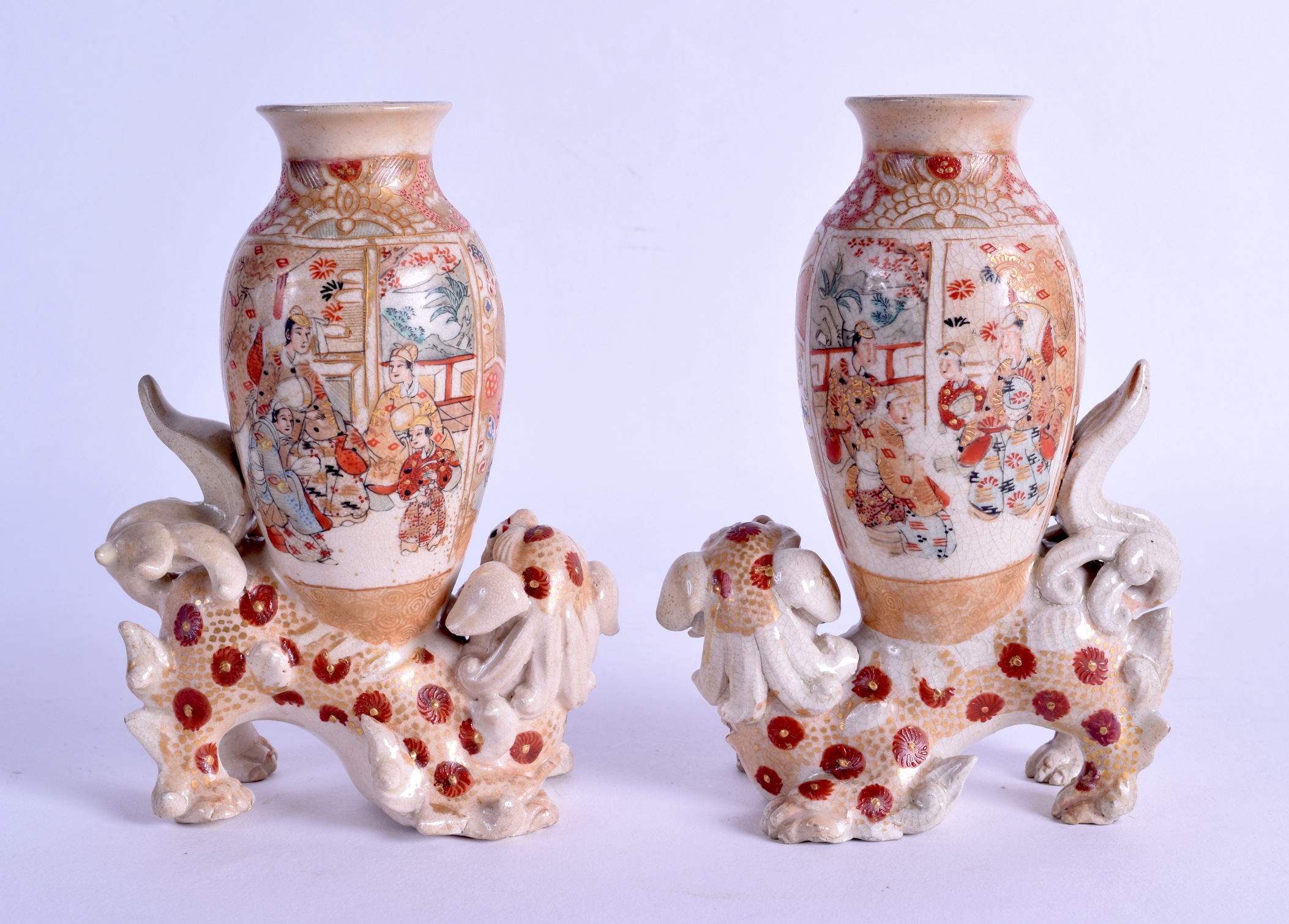AN UNUSUAL PAIR OF LATE 19TH CENTURY JAPANESE MEIJI PERIOD SATSUMSA VASES modelled as buddhistic - Image 2 of 3
