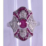 A 9CT ART DECO STYLE RUBY AND DIAMOND RING.