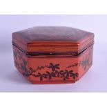 AN EARLY 20TH CENTURY JAPANESE TAISHO PERIOD RED LACQUER HEXAGONAL BOX AND COVER Ryocooku Island,