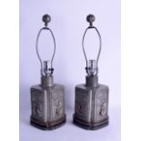 A PAIR OF EARLY 20TH CENTURY CHINESE PEWTER TEA CANISTERS AND COVERS inset with hardstones,