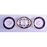 Royal Crown |Derby shaped oval shaped dish painted with flowers in blue and gilt reserves and a pair