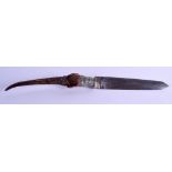 A MID 19TH CENTURY ISLAMIC CARVED HORN SILVER AND STEEL KNIFE with engraved blade. 40 cm long.