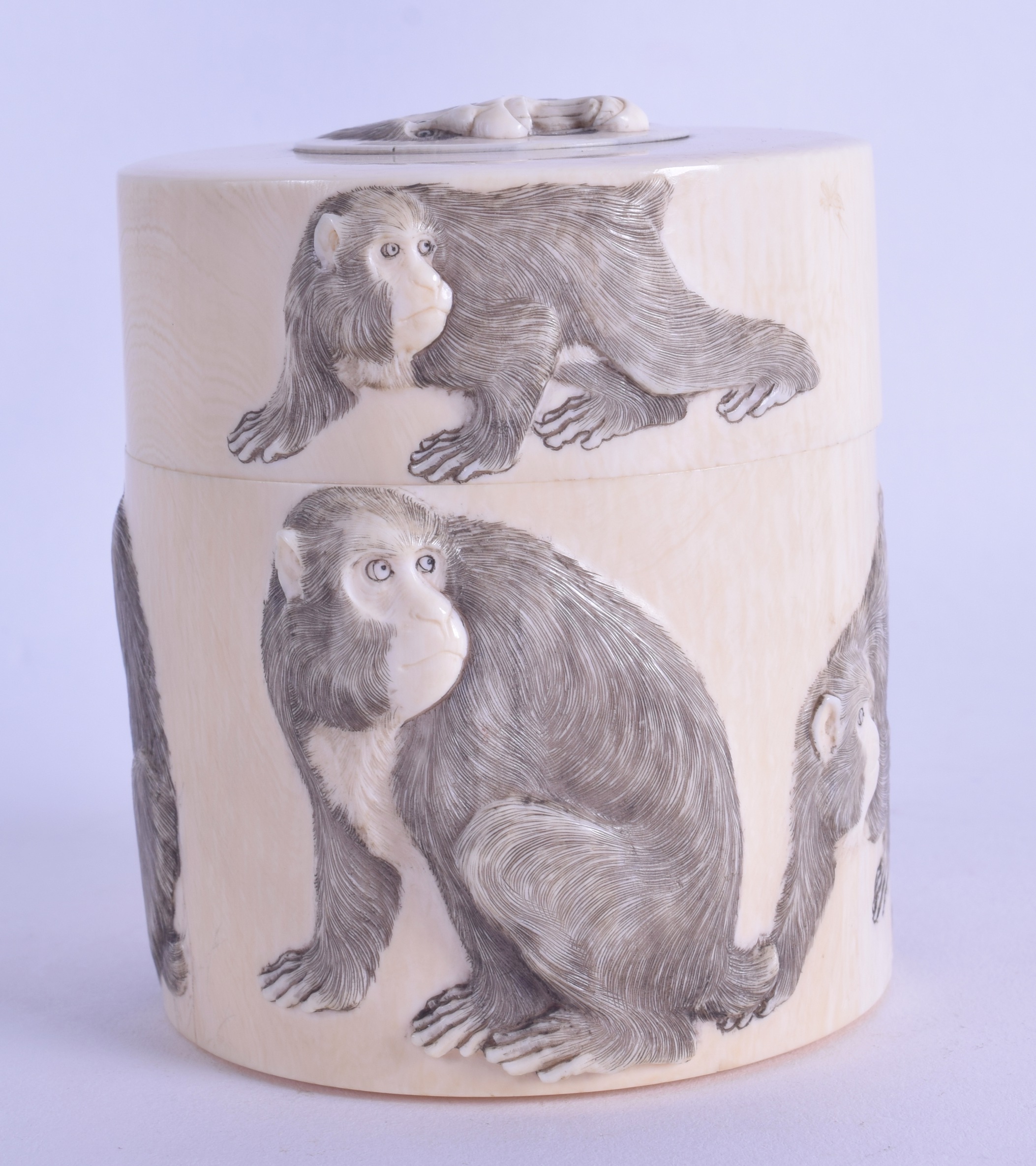 A 19TH CENTURY JAPANESE MEIJI PERIOD CARVED IVORY VASE AND COVER decorate with apes in various - Image 2 of 3