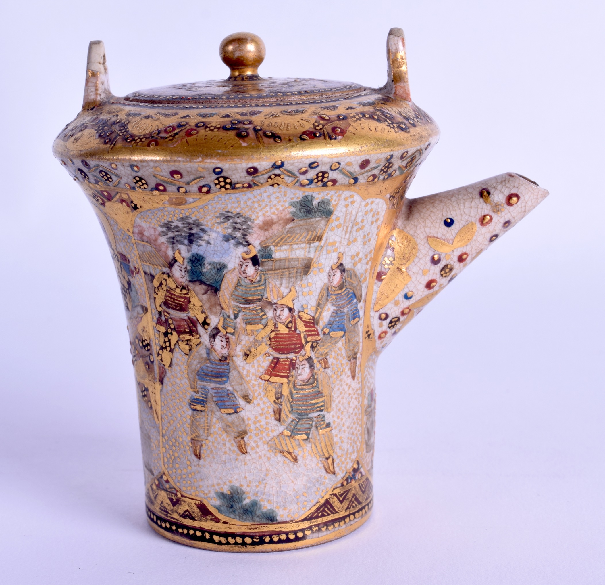 A LATE 19TH CENTURY JAPANESE MEIJI PERIOD SATSUMA KETTLE AND COVER painted with geisha within - Image 2 of 3