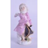 Mid 18th c. Meissen rare winged cupid in disguise wearing a tricorn hat and pink coat. 8.5cm High