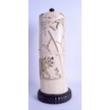 A GOOD LARGE 19TH CENTURY JAPANESE MEIJI PERIOD CARVED IVORY TUSK VASE AND COVER decorated with a